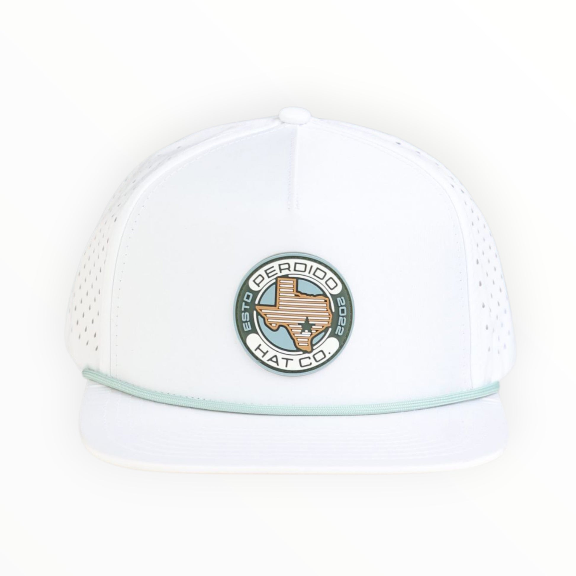 white mesh cap with rubber patch on white background
