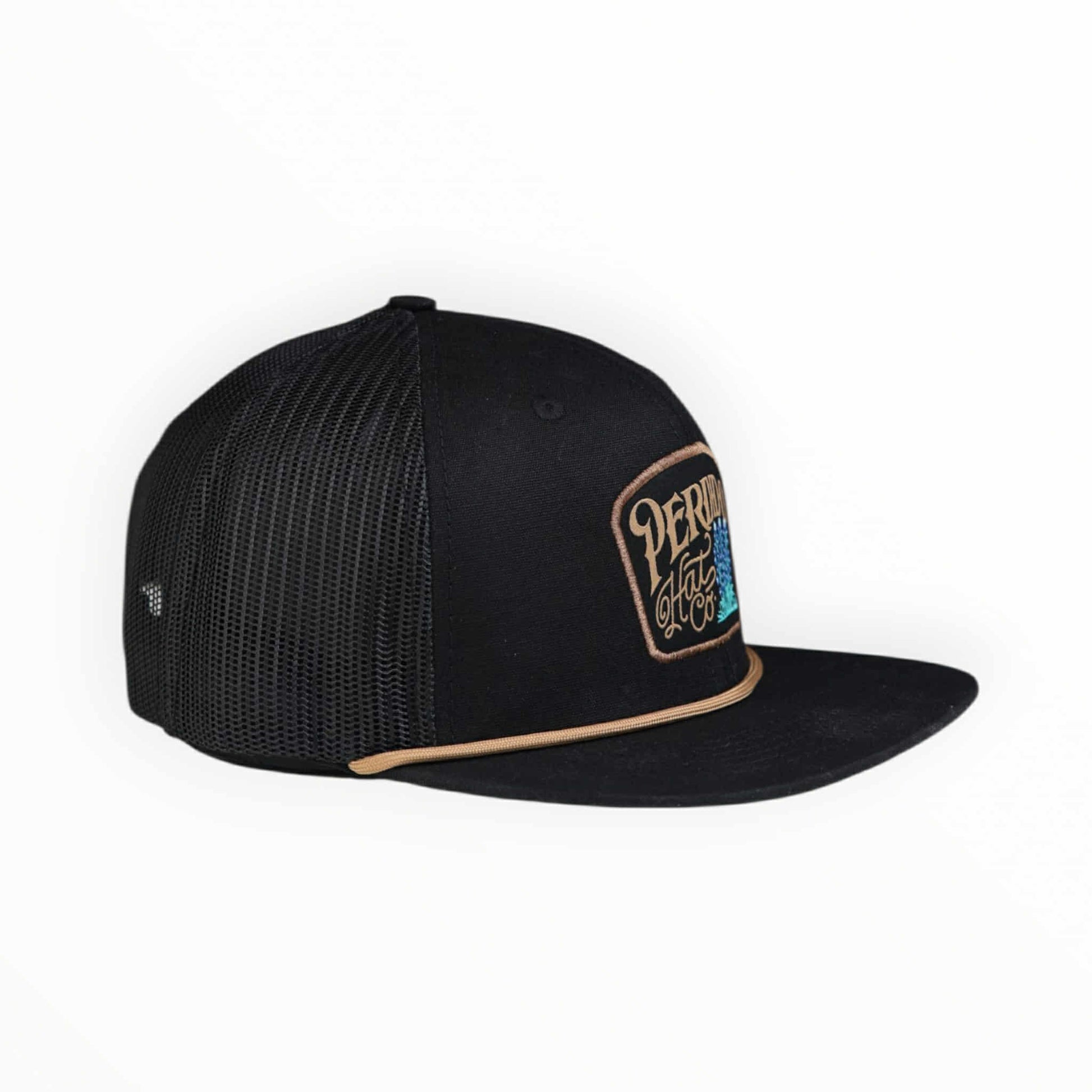 Black mesh cap with a logo on a white background