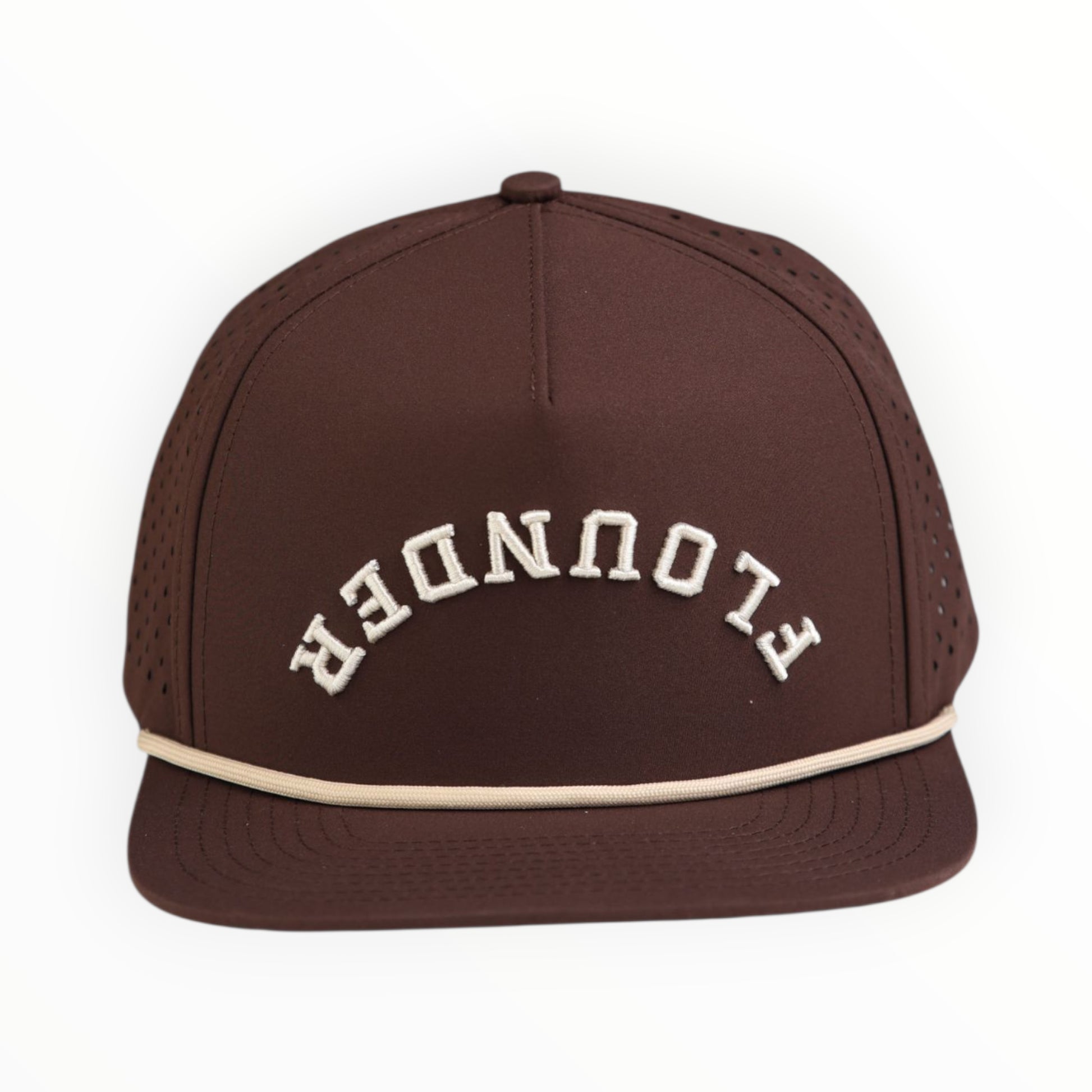 Brown cap with 'Flounder' embroidered on a white background