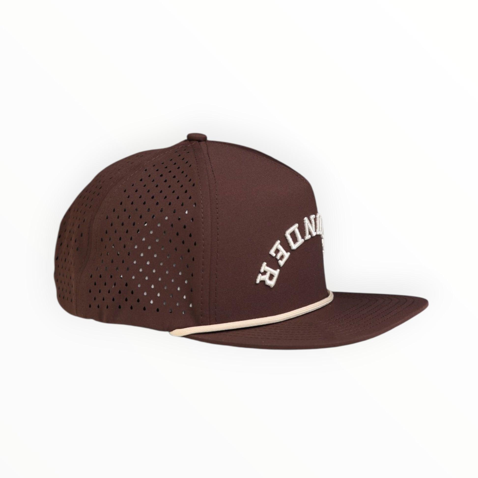 Brown hat with flounder embroidered on white background