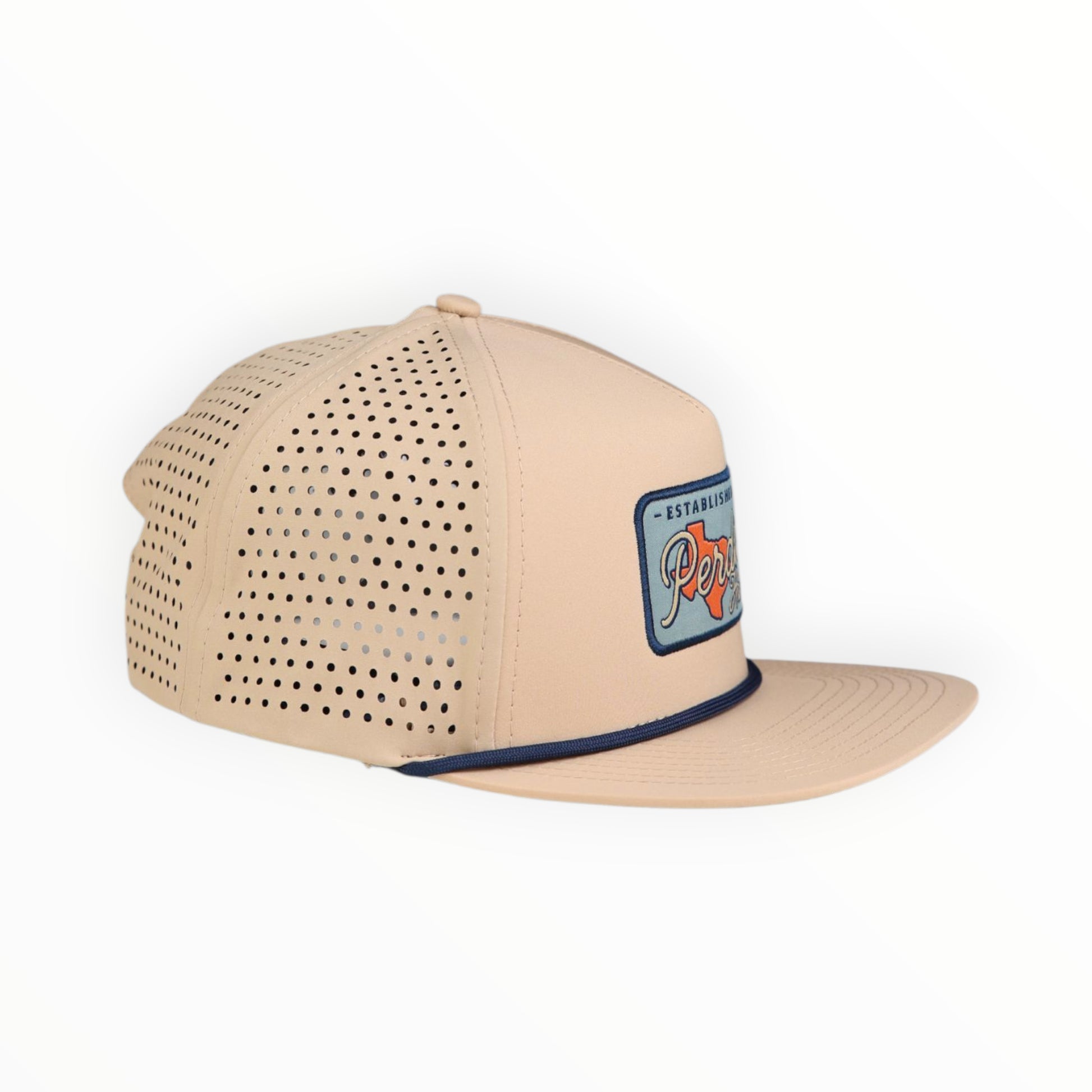 Beige performance hat with woven patch on white background