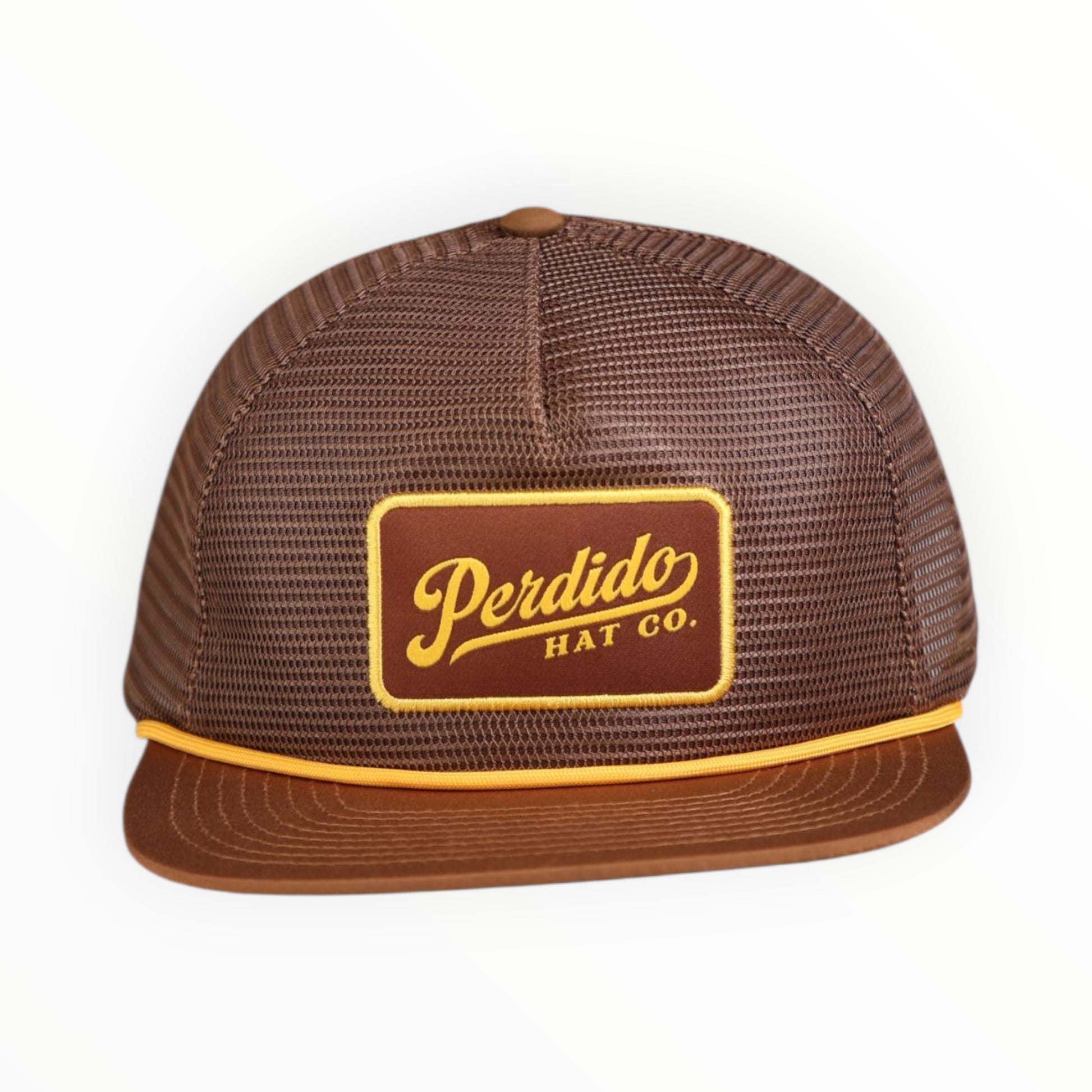 Brown mesh cap with yellow logo and trim on a white background
