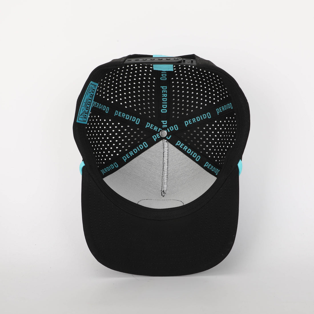 A black 5-panel rope hat with a water-resistant polyester construction and a blue and red emblem on the front.