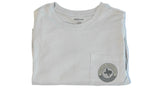 Folded gray t-shirt with a front pocket and speckled trout illustration.
