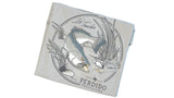 Folded view of La Trucha pocket tee featuring the circular speckled trout back graphic.