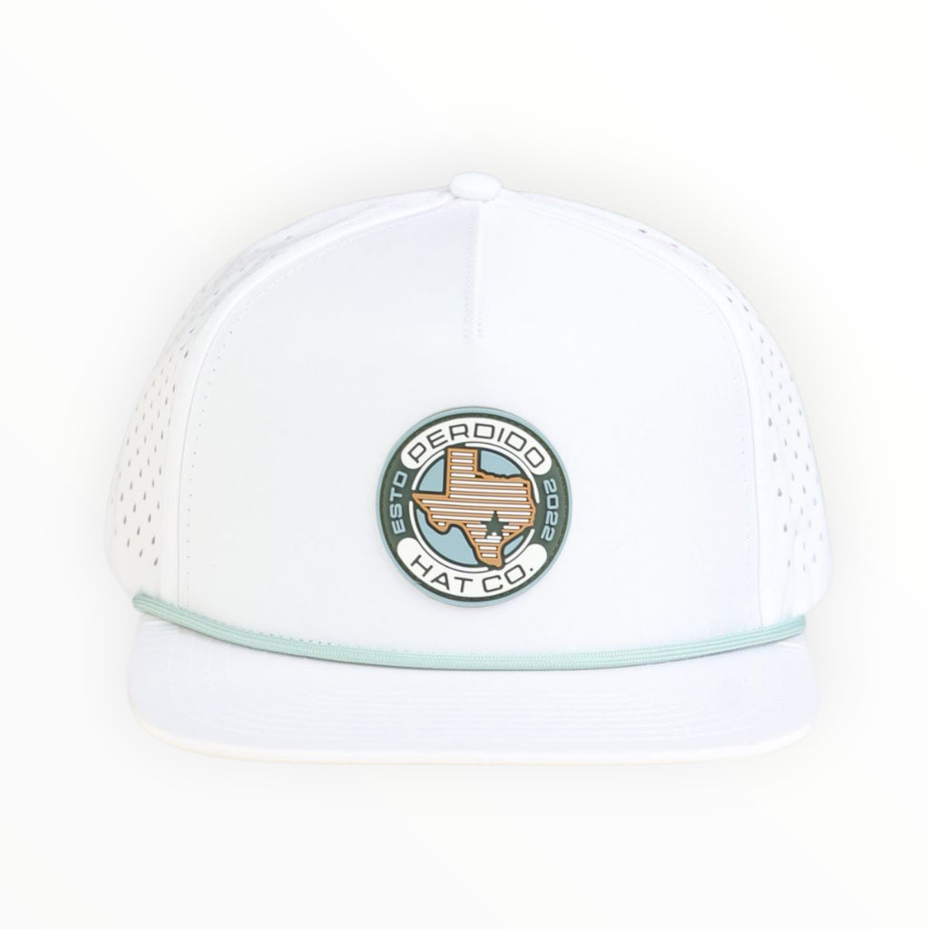 white mesh cap with rubber patch on white background