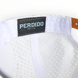 White hat with custom label on white background