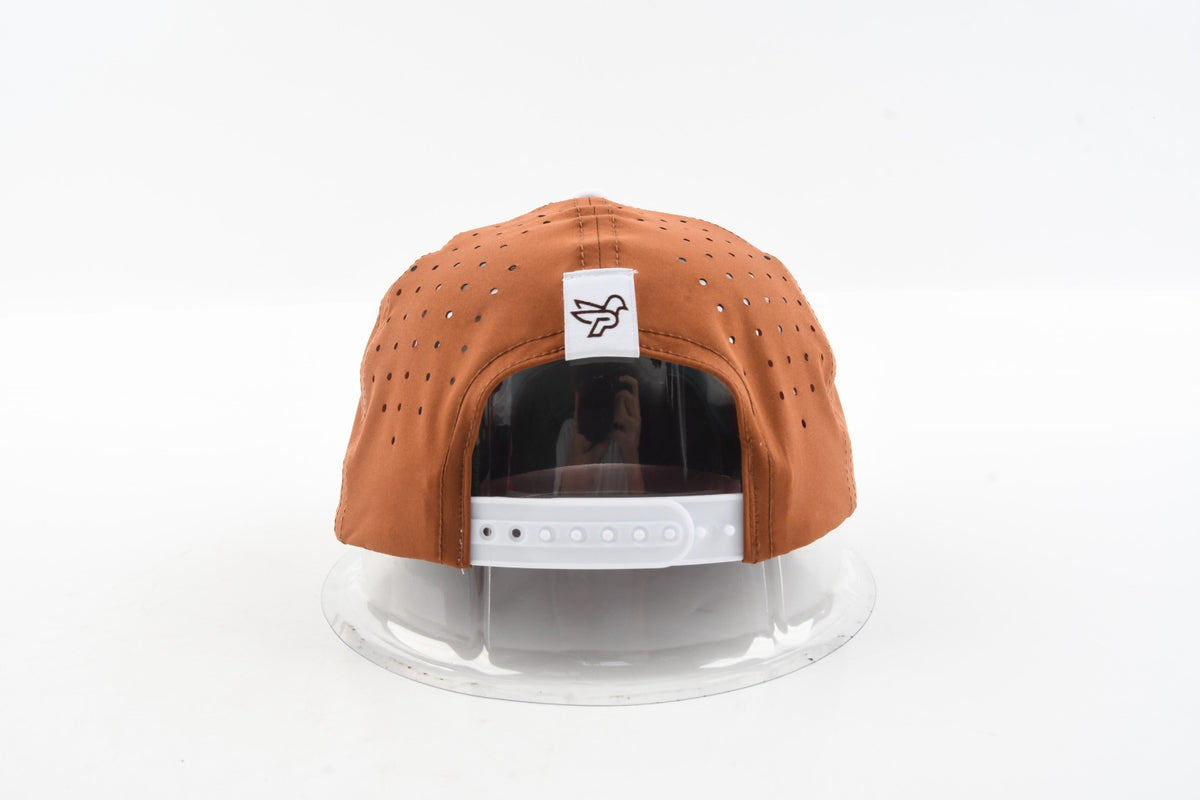 Back view of The Rojo rust hat with white snapback closure.