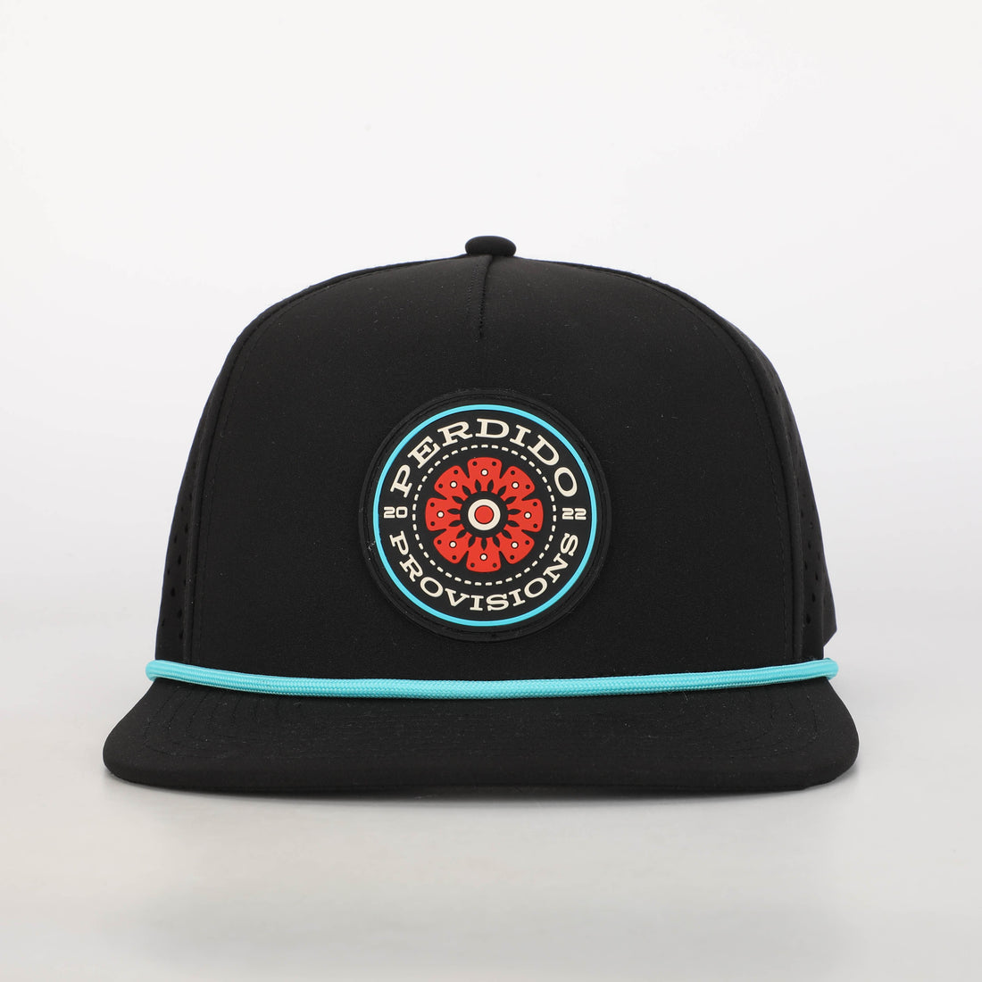 A black 5-panel rope hat with a water-resistant polyester construction and a blue and red emblem on the front.
