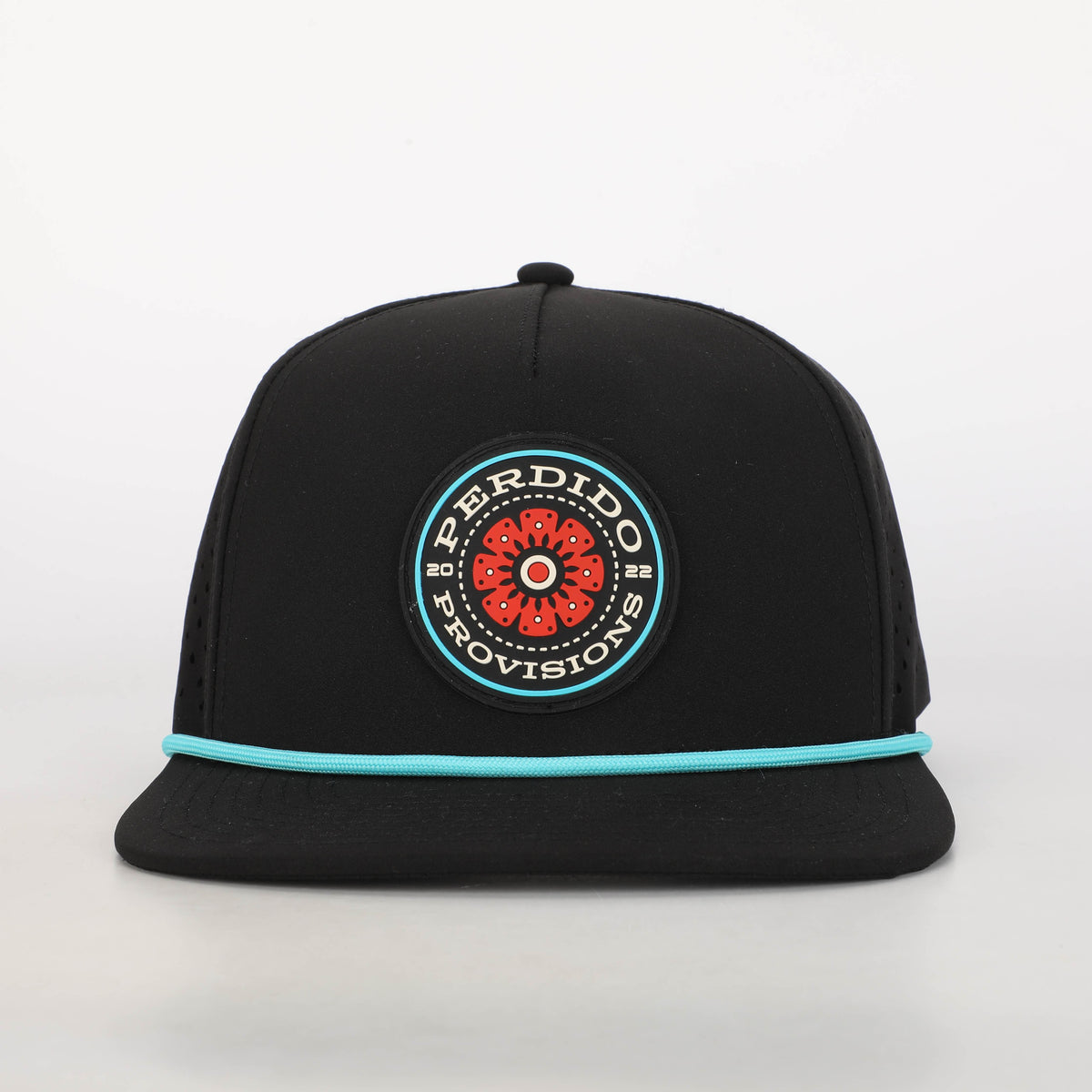 A black 5-panel rope hat with a water-resistant polyester construction and a blue and red emblem on the front.
