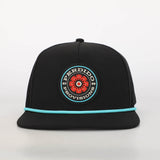 A black 5-panel rope hat with a water-resistant polyester construction and a blue and red emblem on the front.