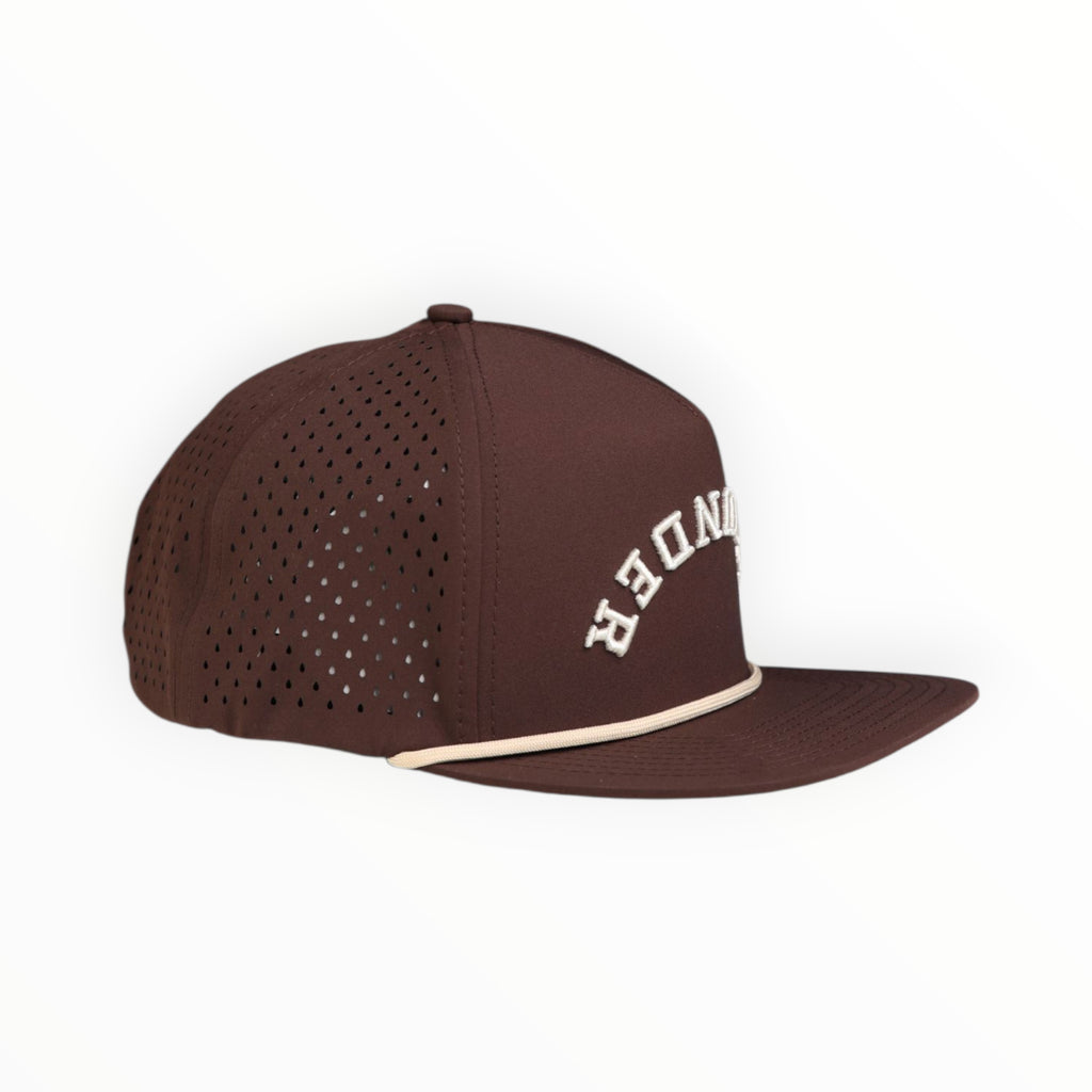 Brown hat with flounder embroidered on white background