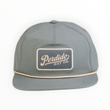  Front view of The Henry grey hat with tan rope and Perdido Hat Co. woven patch.h woven patch on white background