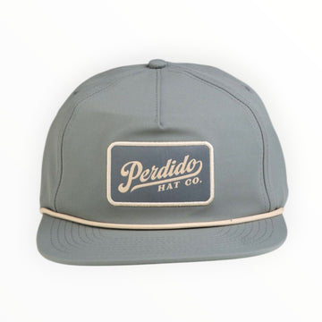  Front view of The Henry grey hat with tan rope and Perdido Hat Co. woven patch.h woven patch on white background