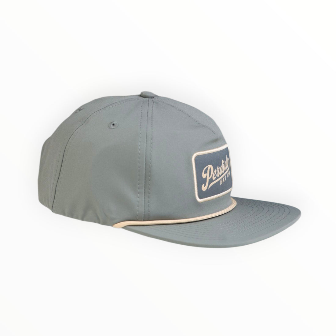  Front view of The Henry grey hat with tan rope and Perdido Hat Co. woven patch.h woven patch on white background