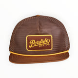 Brown mesh cap with yellow logo and trim on a white background
