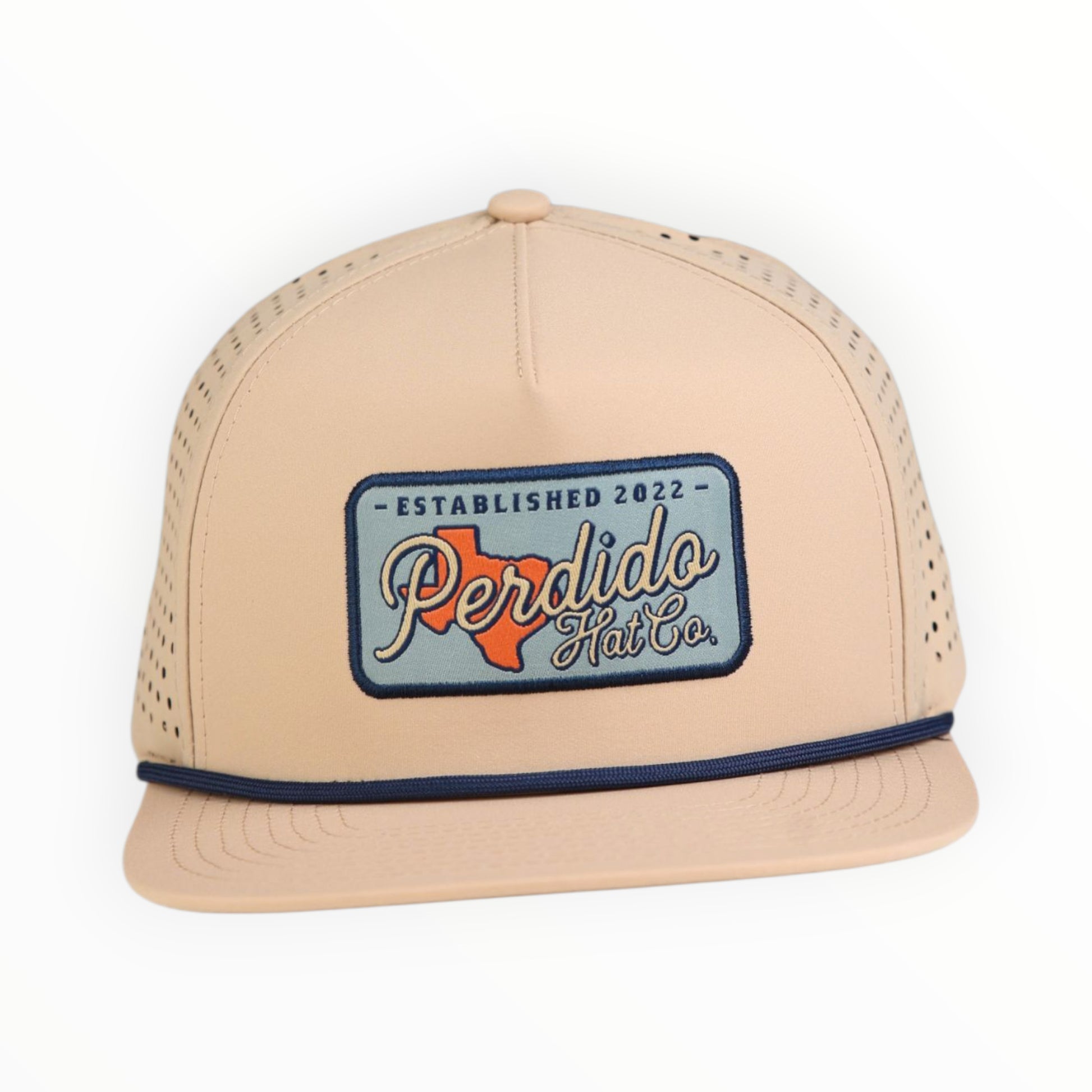 beige cap with woven logo on white background